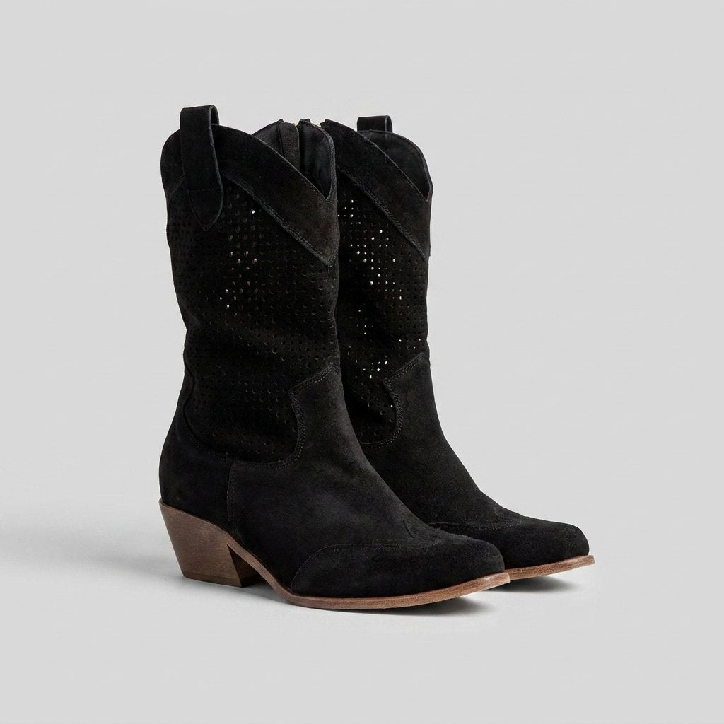 Rosalba | Perforated Mid-Calf Cowboy Boots – front view in black