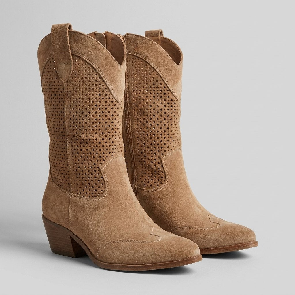 Rosalba | Perforated Mid-Calf Cowboy Boots – side view in brown