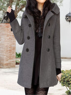 Rosanna | Hooded Double-Breasted Mid-Length Coat – front view, grey, open