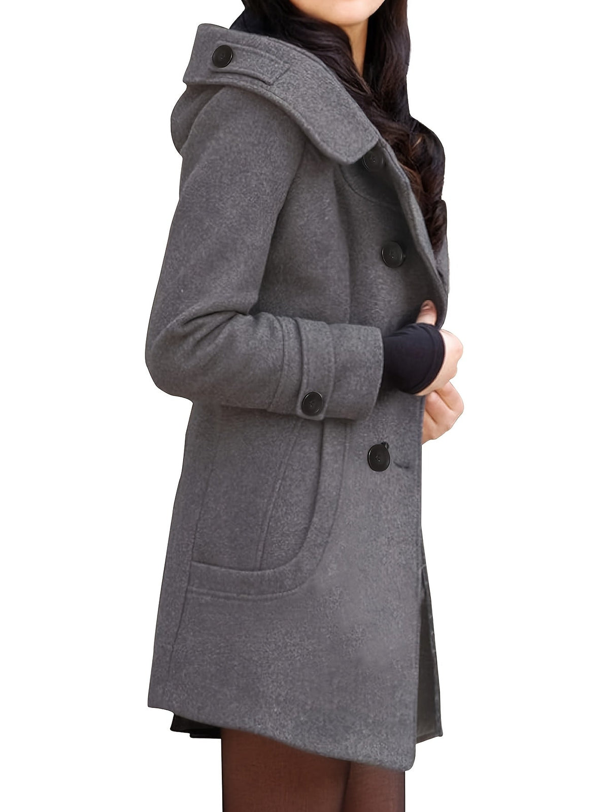 Rosanna | Hooded Double-Breasted Mid-Length Coat – side view, grey