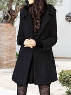 Rosanna | Hooded Double-Breasted Mid-Length Coat – styled view, black
