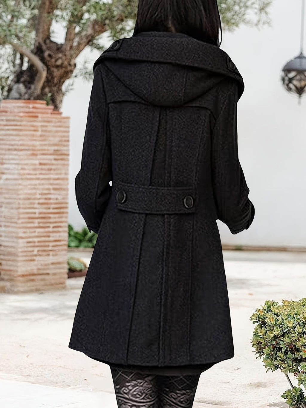 Rosanna | Hooded Double-Breasted Mid-Length Coat – back view, black