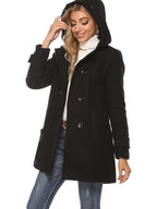 Rosanna | Hooded Double-Breasted Mid-Length Coat – hood up, styled view