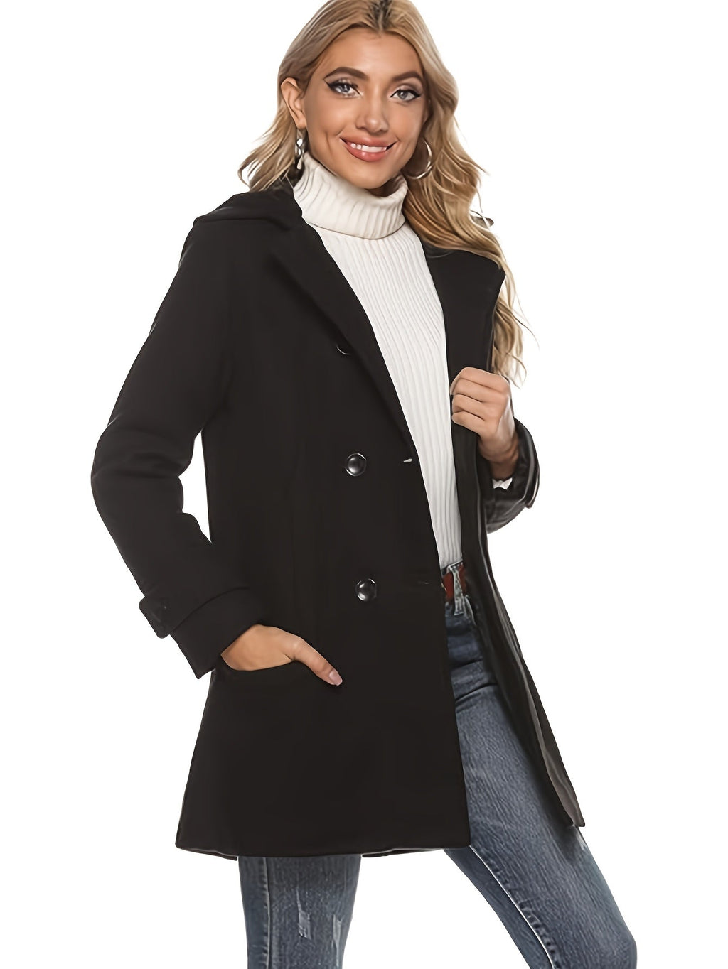 Rosanna | Hooded Double-Breasted Mid-Length Coat – side view, black