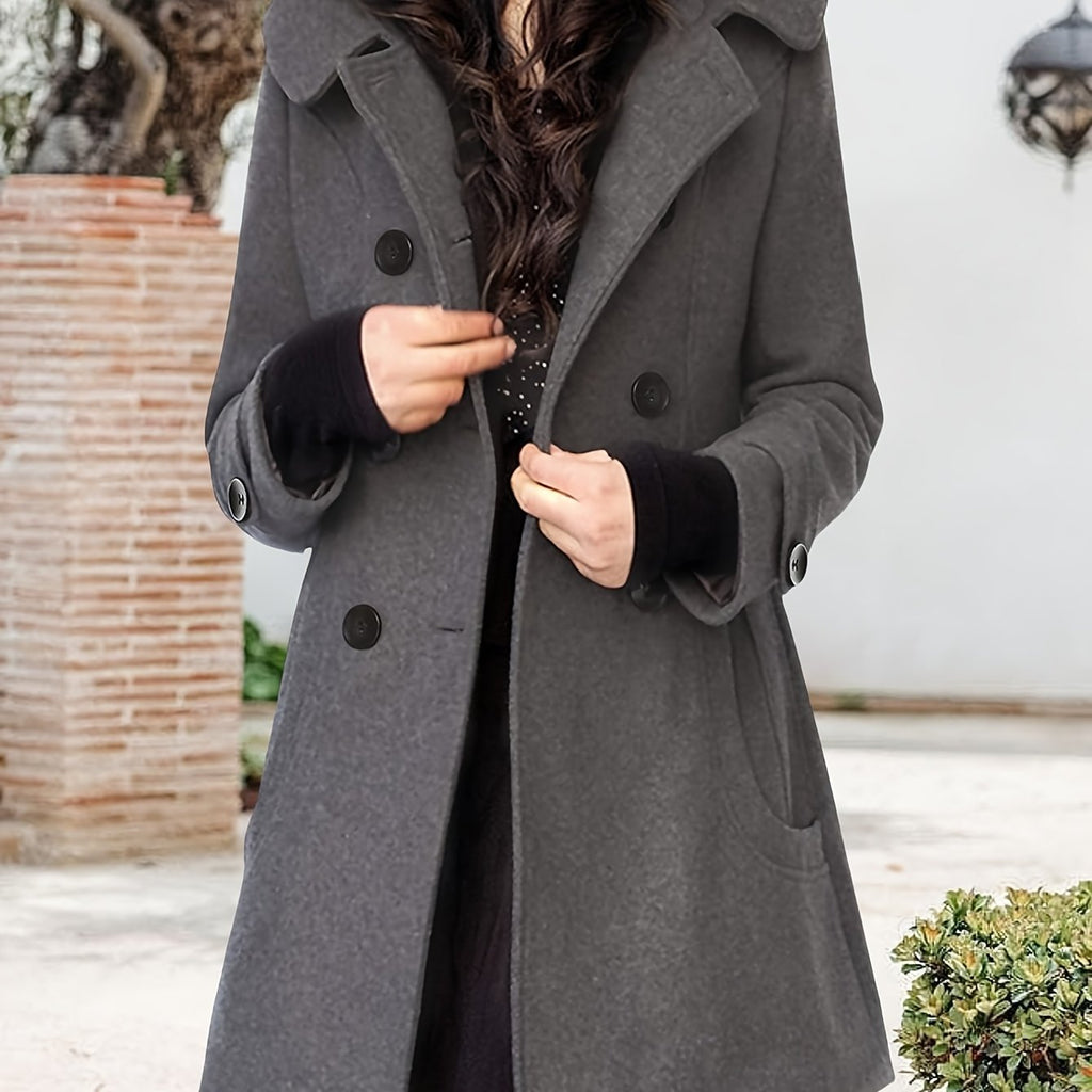 Rosanna | Hooded Double-Breasted Mid-Length Coat – front view, grey