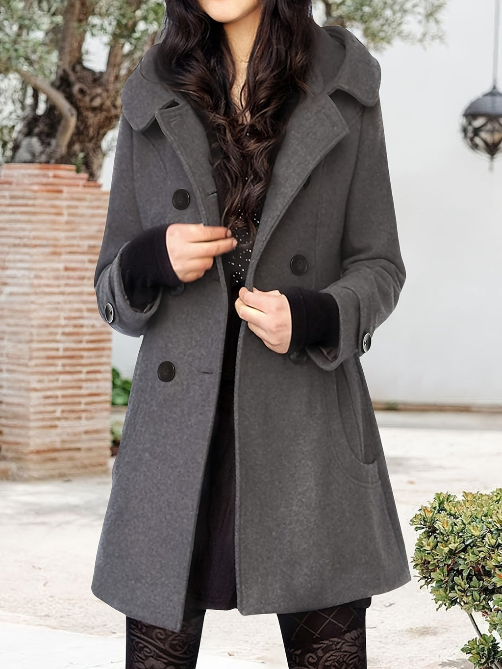 Rosanna | Hooded Double-Breasted Mid-Length Coat – styled view, grey