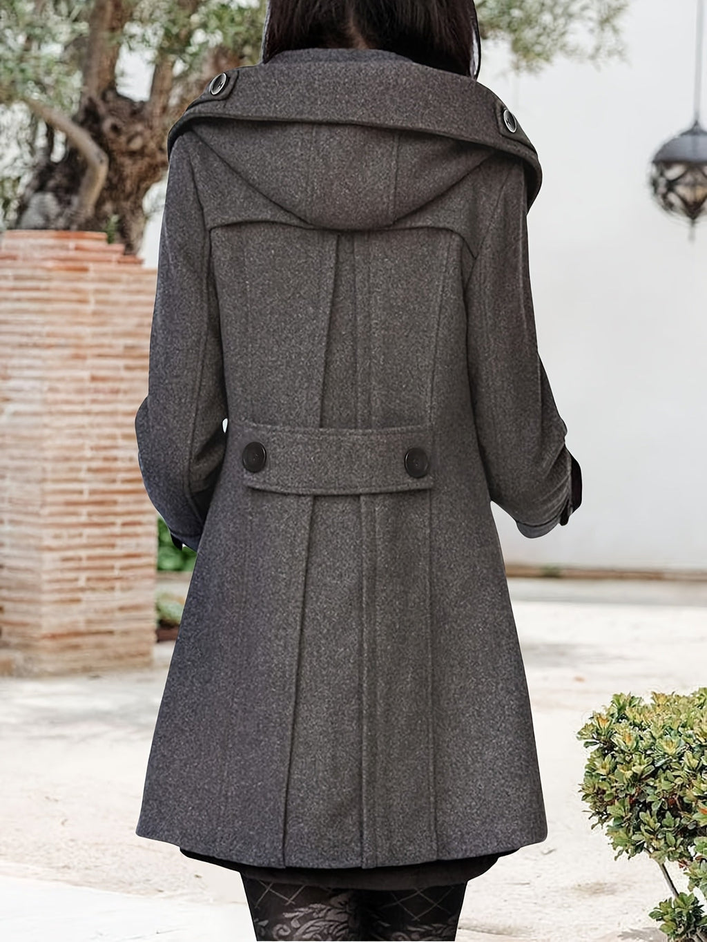 Rosanna | Hooded Double-Breasted Mid-Length Coat – back view, grey