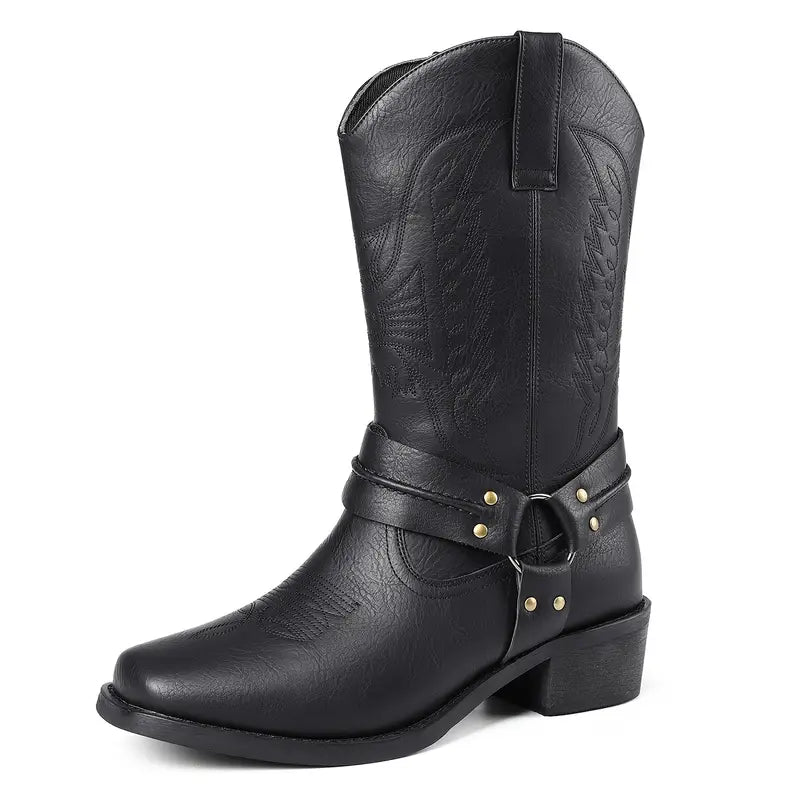 Roscoe western leather cowboy boots, back view showing stacked heel