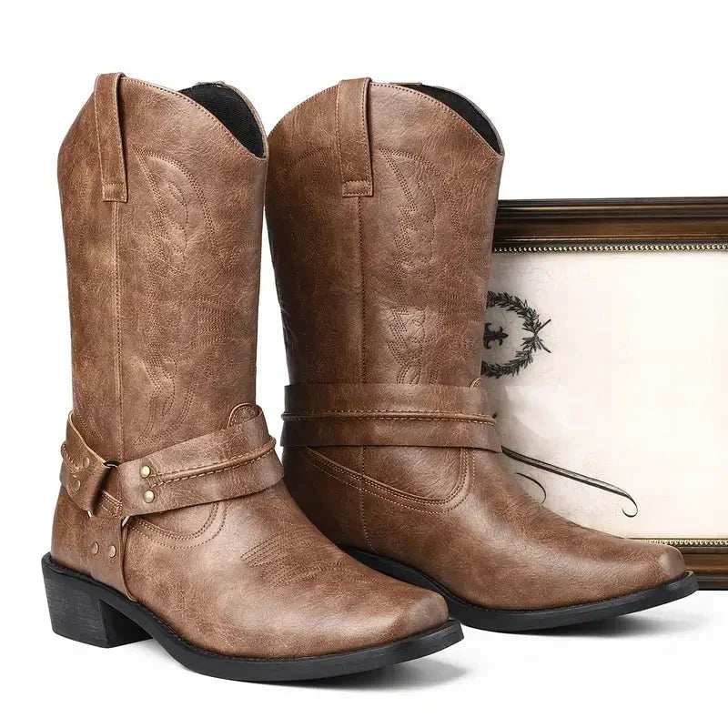 Roscoe western leather cowboy boots, close-up of stitched leather detailing