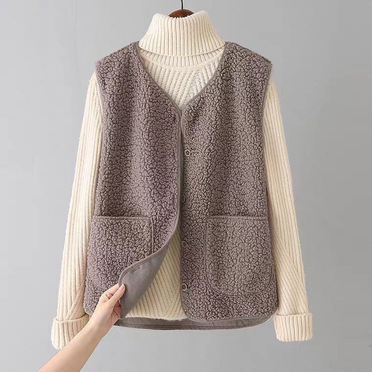 Ruth Sherpa Fleece Button-Front Vest by Vera Noir – back view