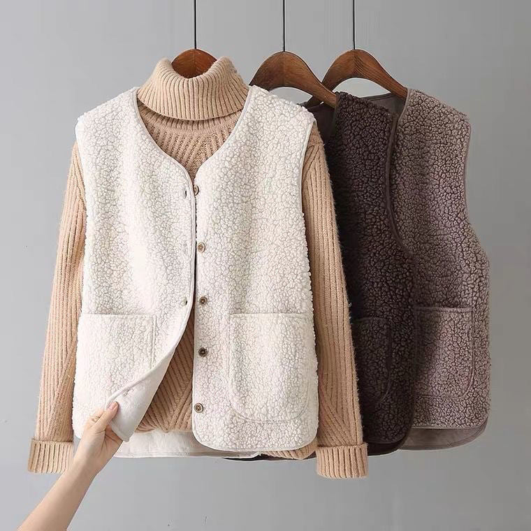 Ruth Sherpa Fleece Button-Front Vest by Vera Noir – side view
