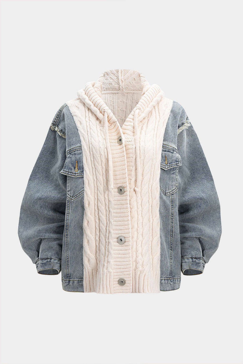 Sable Hooded Cable-Knit Denim Cardigan by Vera Noir – front view