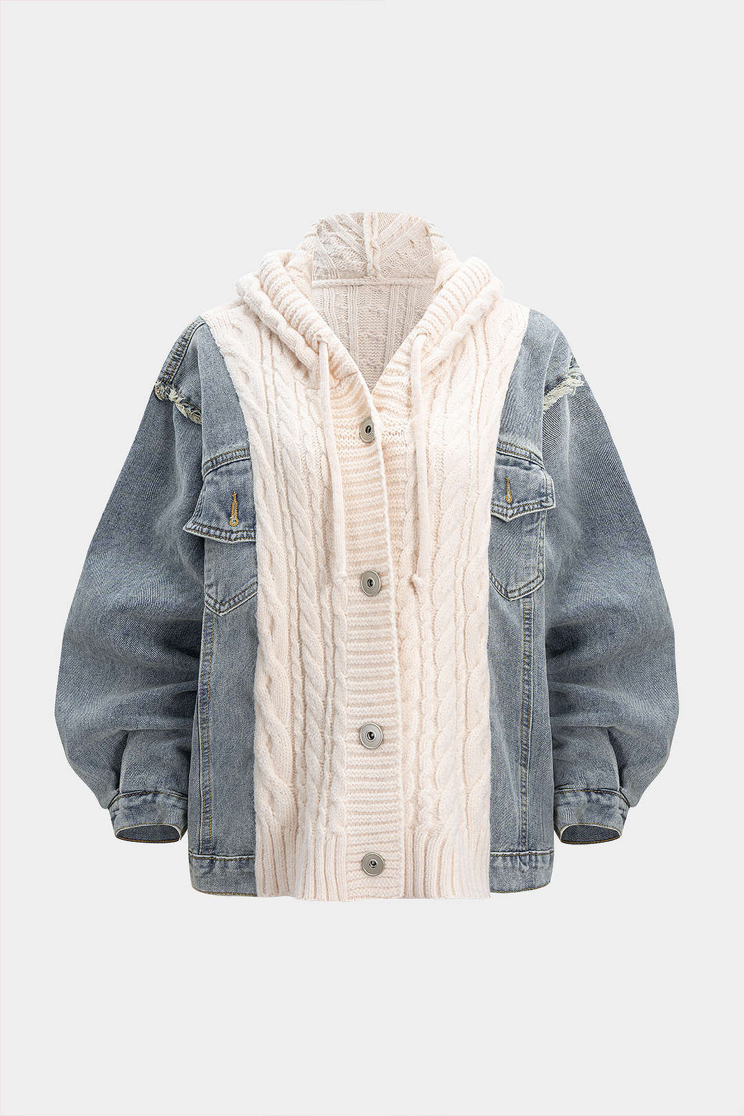 Sable Hooded Cable-Knit Denim Cardigan by Vera Noir – front view