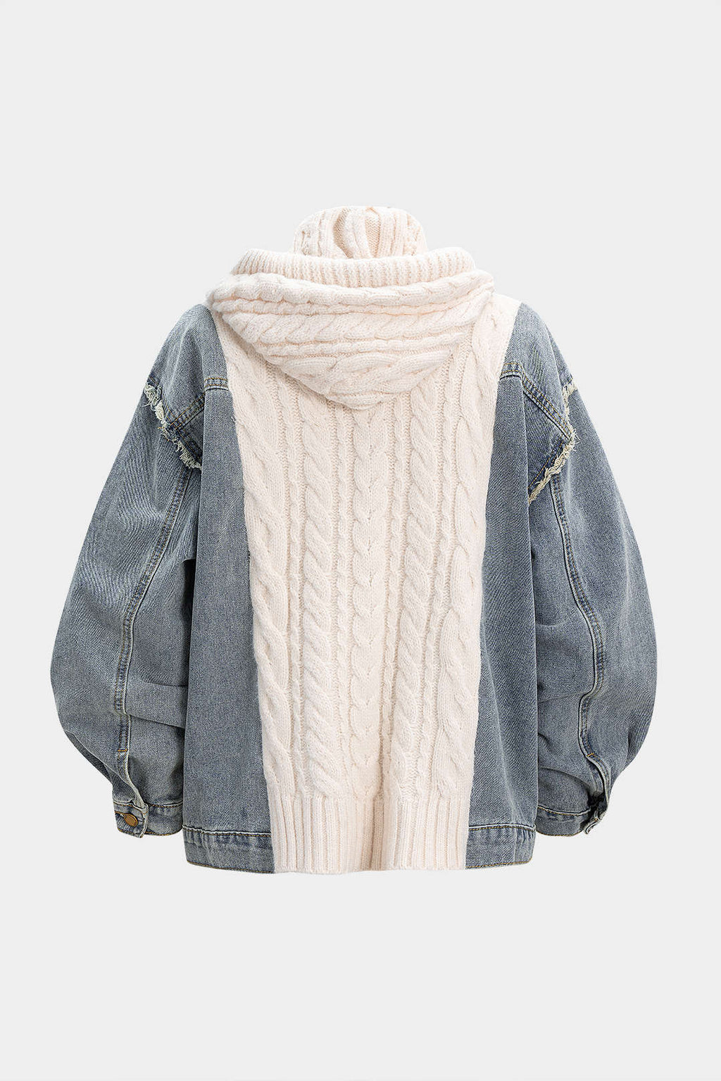 Sable Hooded Cable-Knit Denim Cardigan by Vera Noir – back view