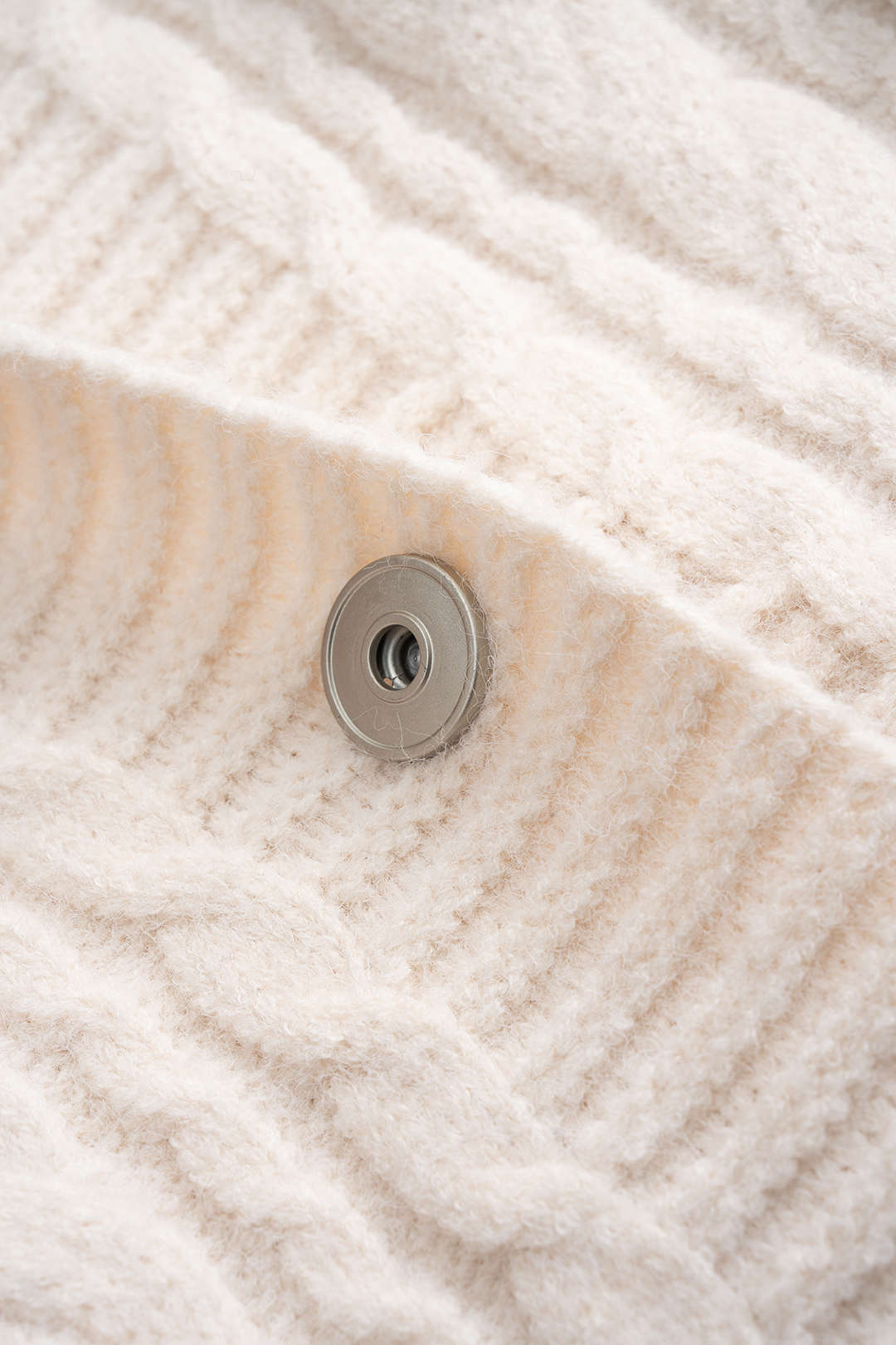 Sable Hooded Cable-Knit Denim Cardigan by Vera Noir – detail view