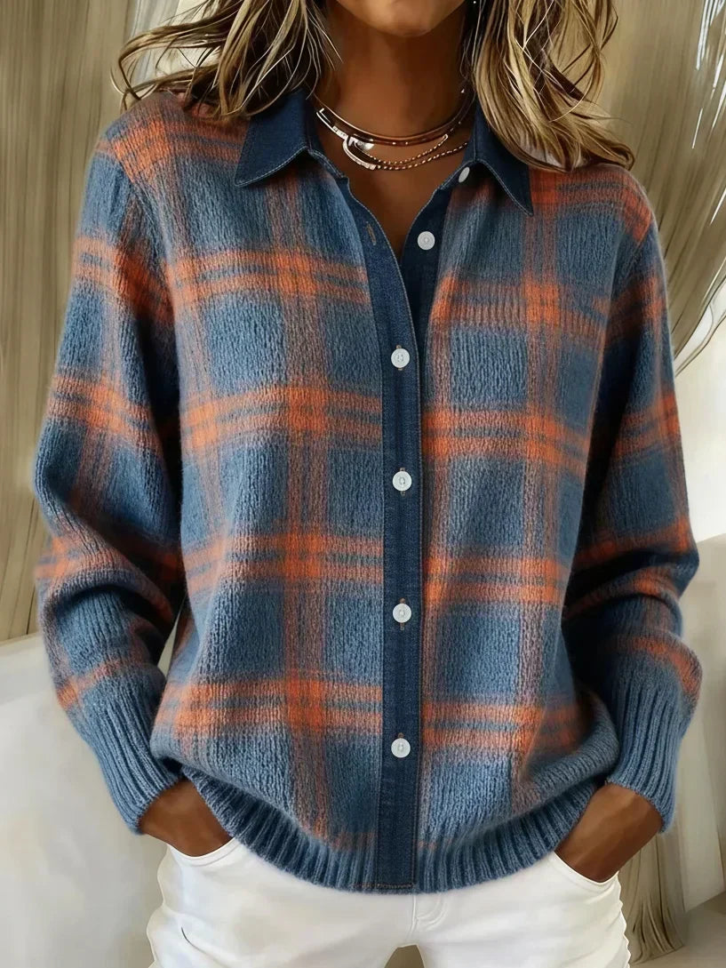 Sarah Brushed Plaid Button-Front Cardigan – front view