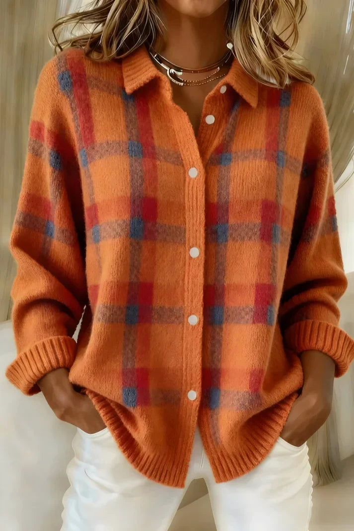 Sarah Brushed Plaid Button-Front Cardigan – close-up
