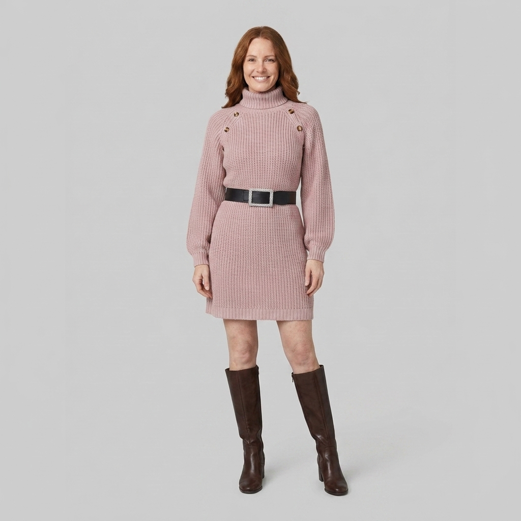 Saskia | Turtleneck A-Line Knit Sweater Dress – front view