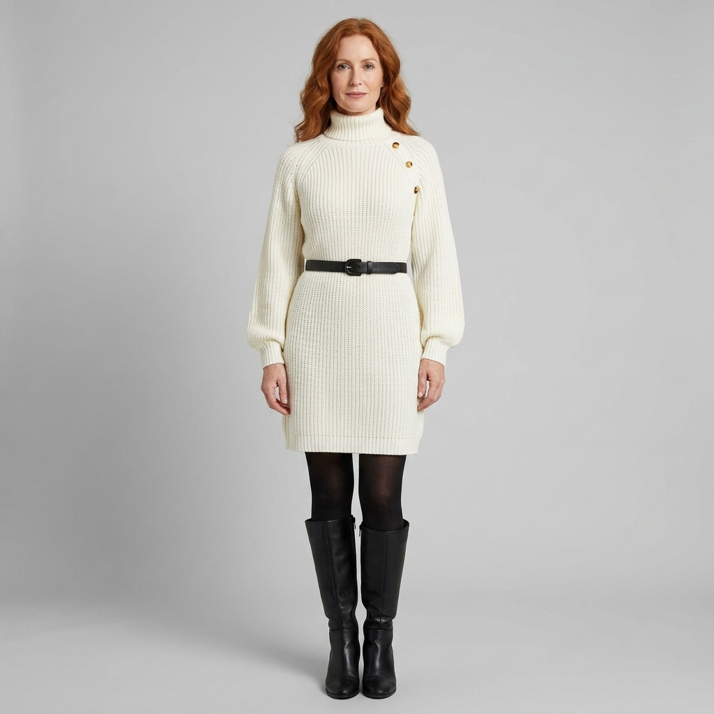 Saskia | Turtleneck A-Line Knit Sweater Dress – styled view in white