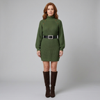 Saskia | Turtleneck A-Line Knit Sweater Dress – styled view in green