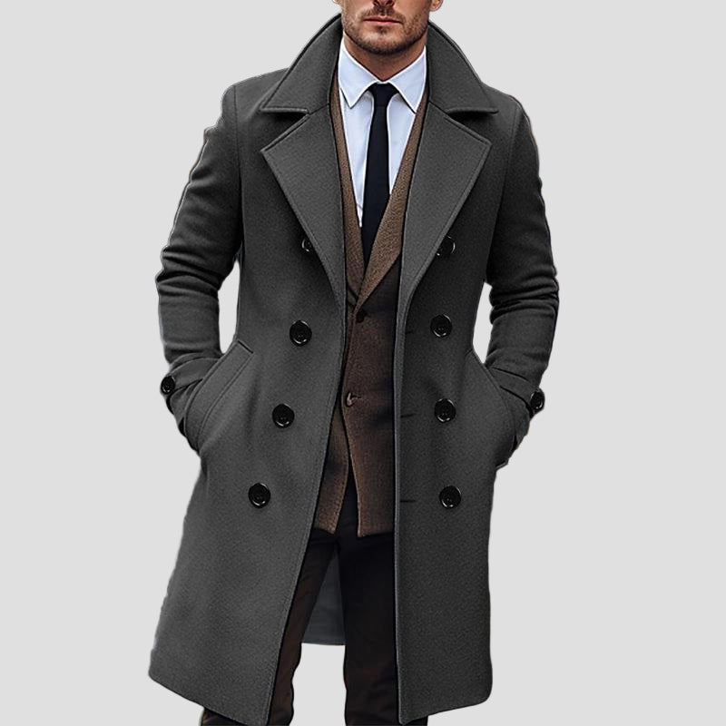 Sawyer Solid Notch Lapel Double-Breasted Coat – styled view