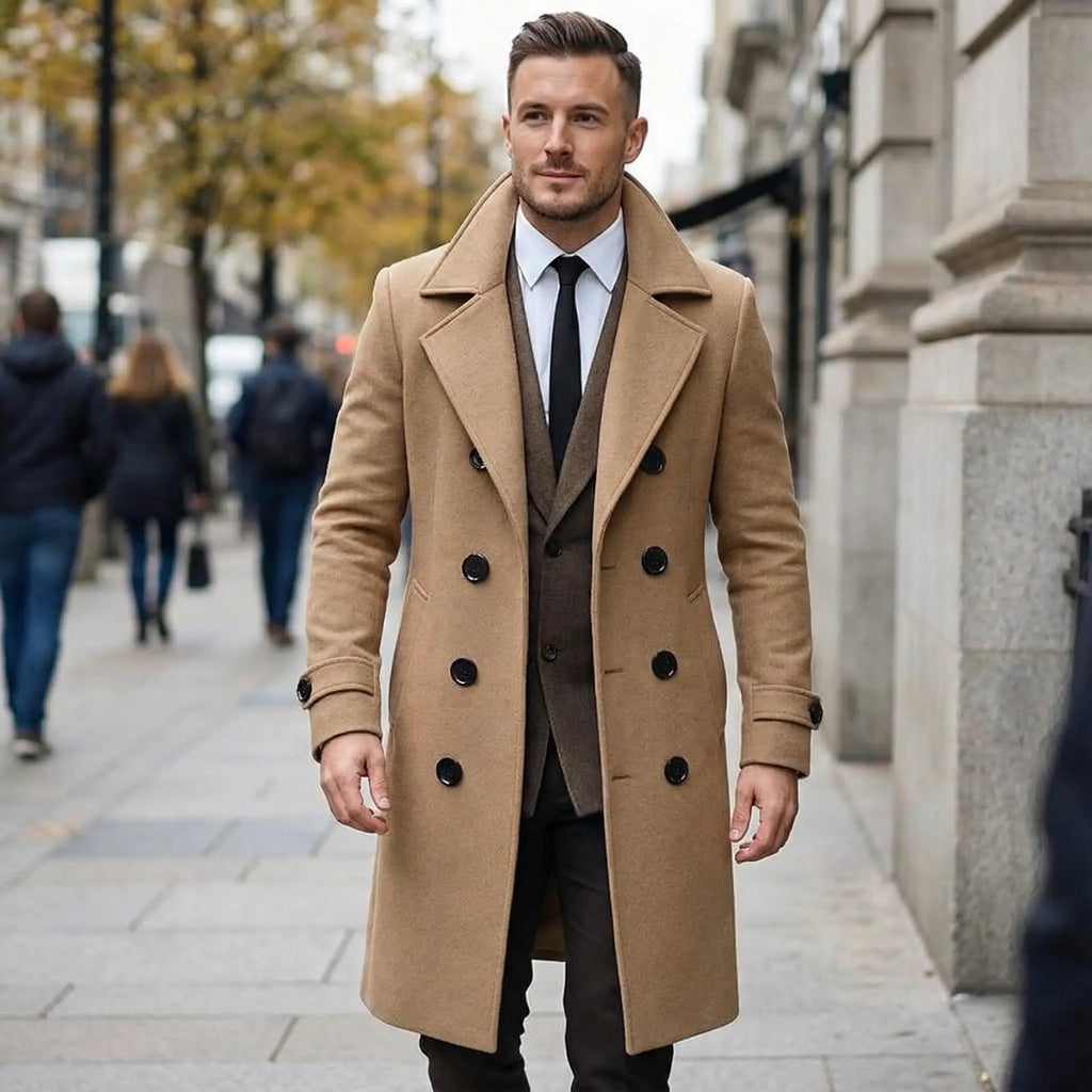Sawyer Solid Notch Lapel Double-Breasted Coat – close-up