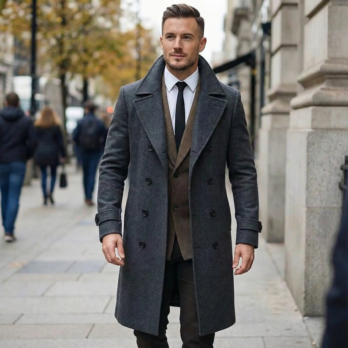 Sawyer Solid Notch Lapel Double-Breasted Coat – front view