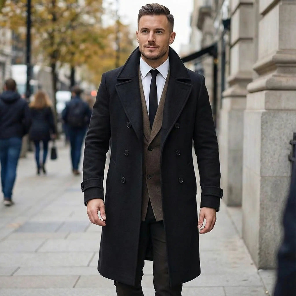 Sawyer Solid Notch Lapel Double-Breasted Coat – back view