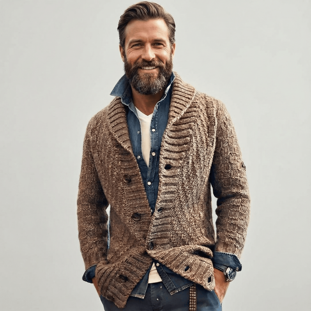 Sebastian Vintage Lapel Knit Cardigan – styled view