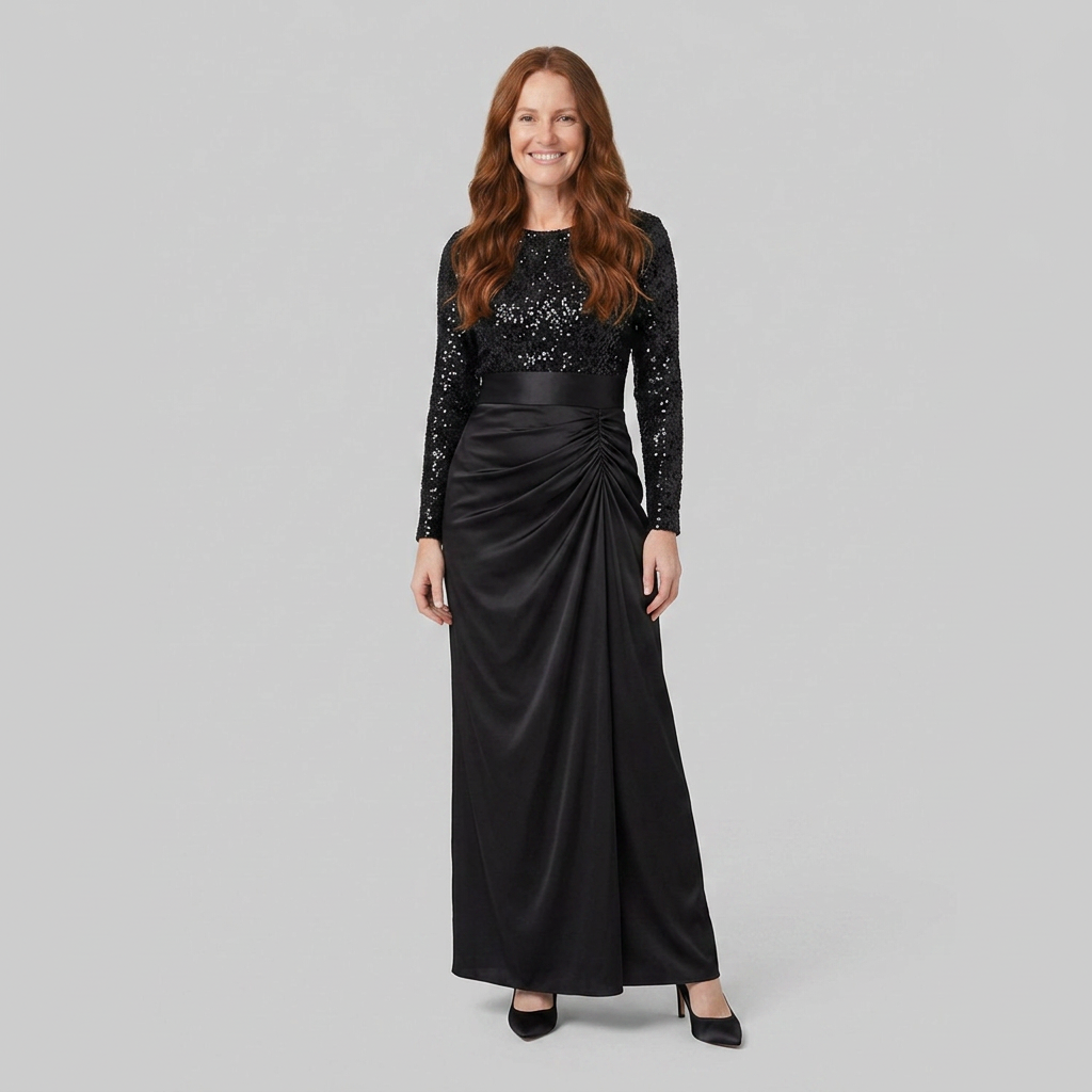 Serena | Sequin-Spliced Floor-Length Maxi Dress by Vera Noir – front view