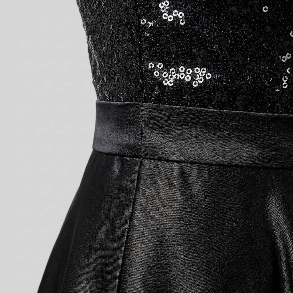 Serena | Sequin-Spliced Floor-Length Maxi Dress by Vera Noir – in black