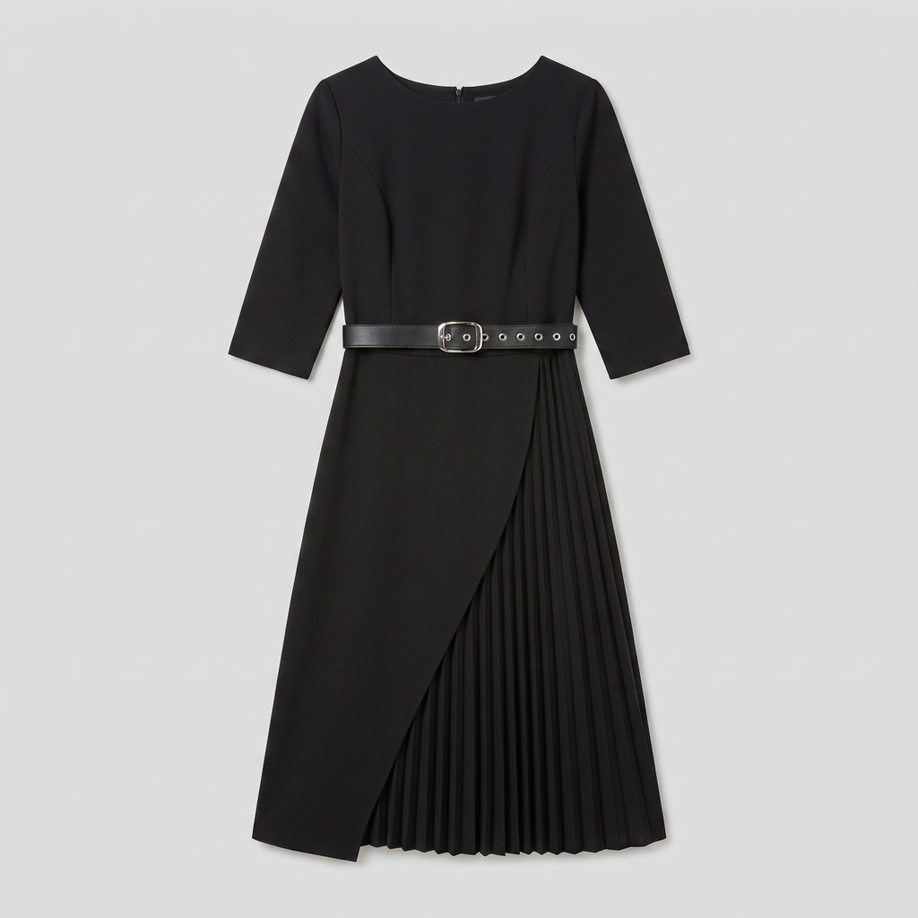 Siena | Belted Pleated A-Line Midi Dress by Vera Noir – detail view