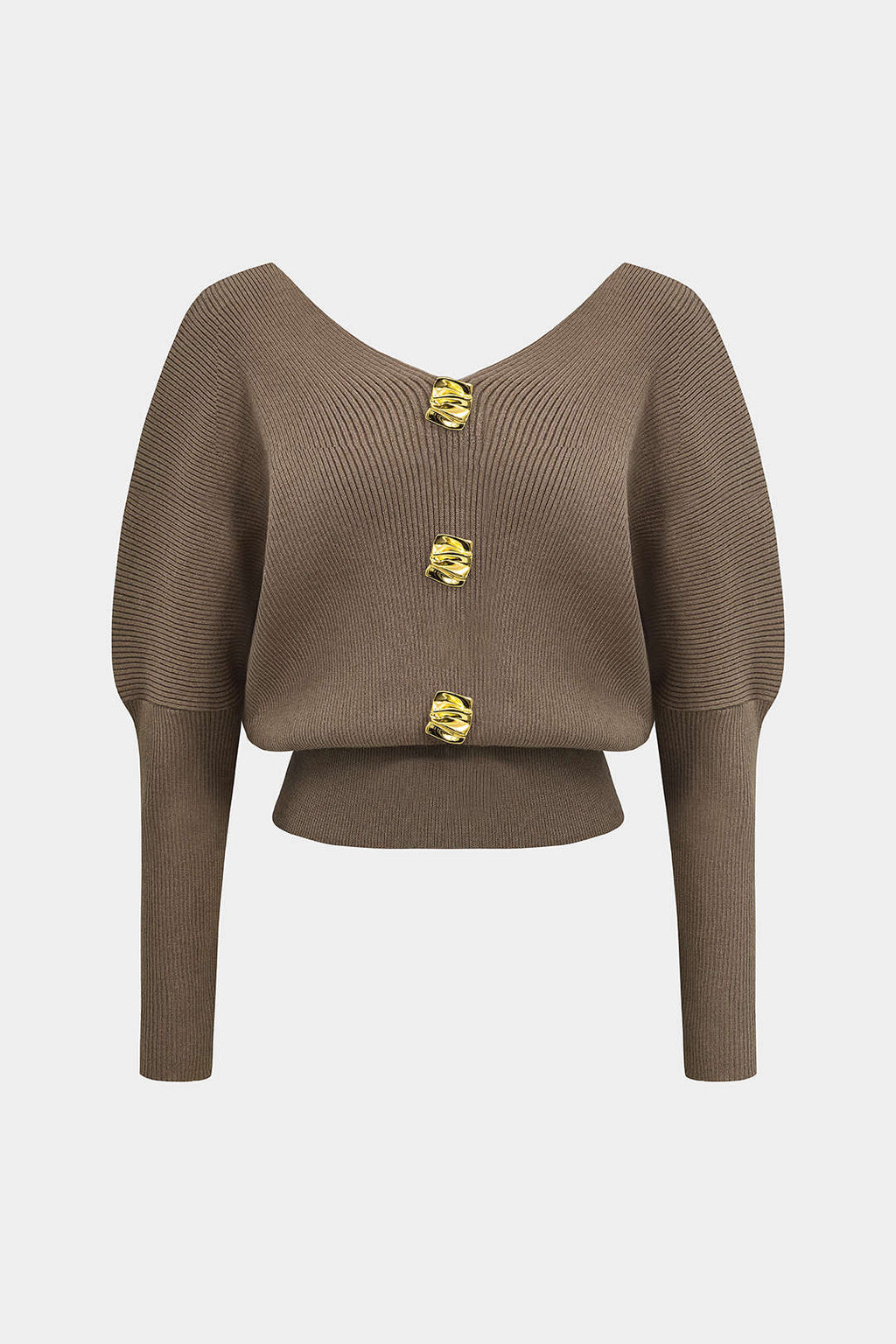 Solid Button V-Neck Knit Sweater – front view