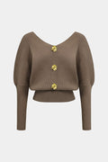 Solid Button V-Neck Knit Sweater – front view