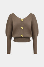 Solid Button V-Neck Knit Sweater – front view