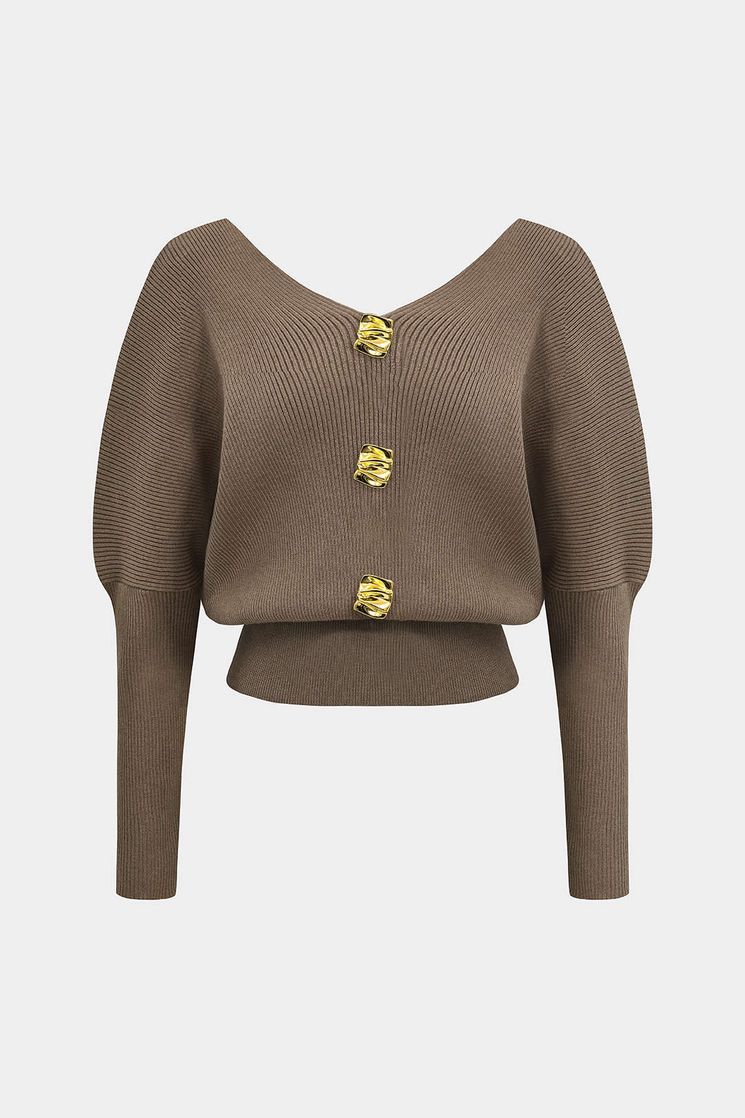 Solid Button V-Neck Knit Sweater – front view