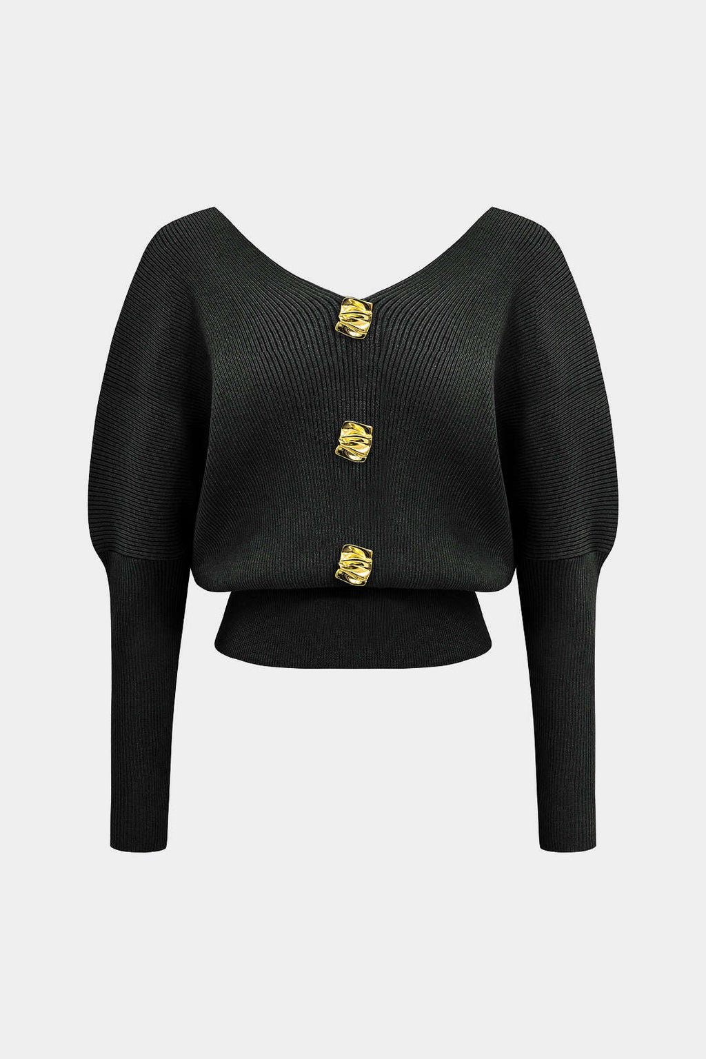 Solid Button V-Neck Knit Sweater – back view
