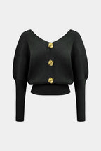 Solid Button V-Neck Knit Sweater – back view