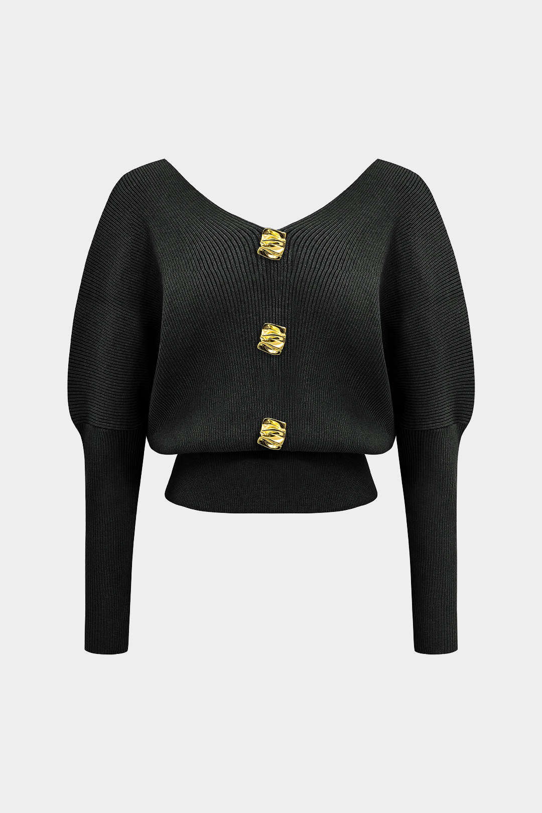 Solid Button V-Neck Knit Sweater – back view