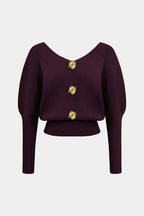 Solid Button V-Neck Knit Sweater – detail view