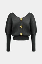 Solid Button V-Neck Knit Sweater – styled view