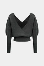 Solid Button V-Neck Knit Sweater – back view