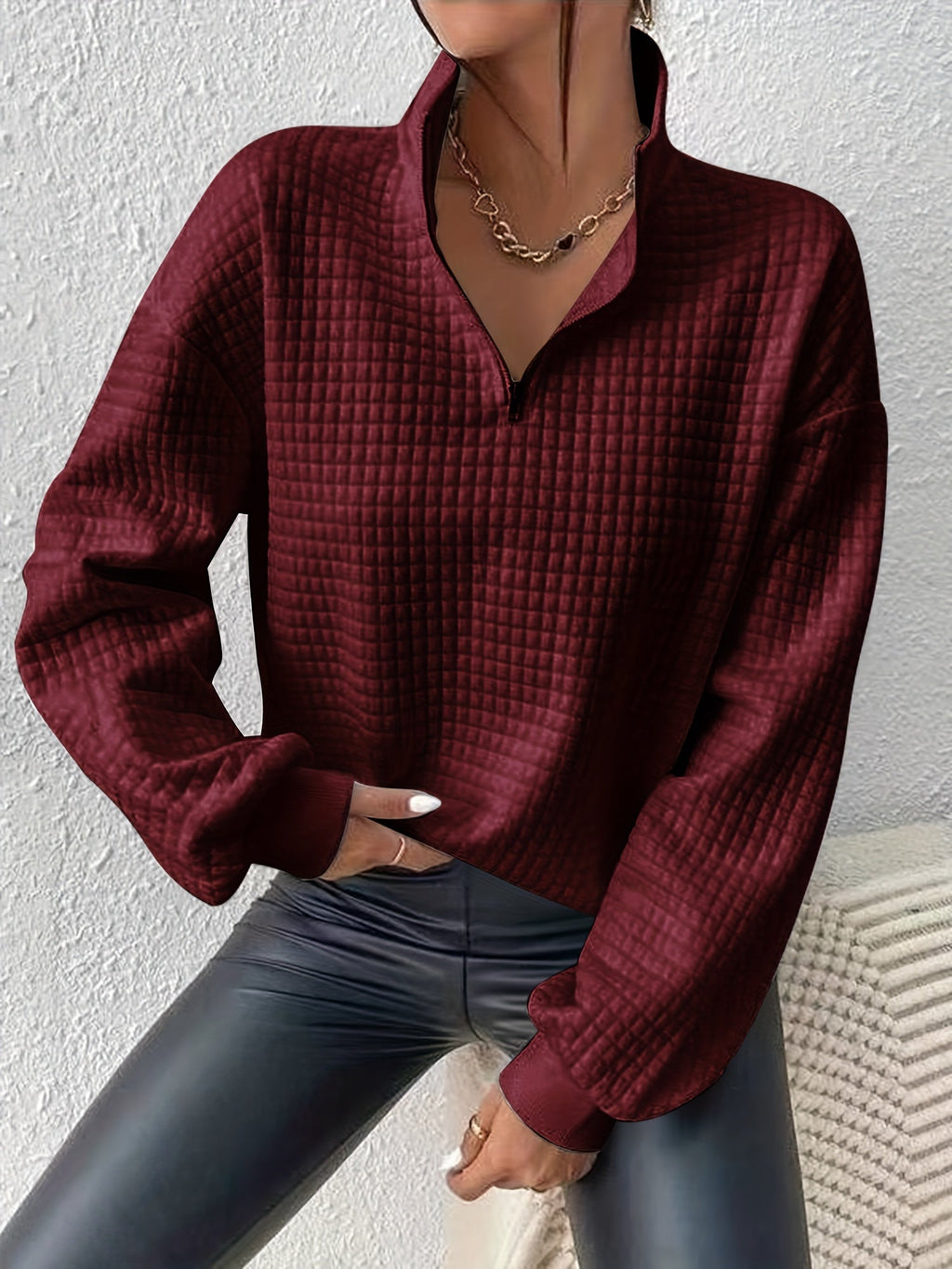 Susanna Oversized Waffle Half-Zip Sweatshirt – close-up