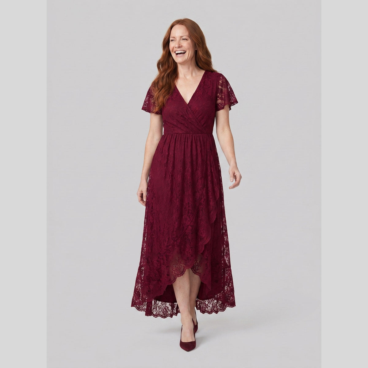 Sylva | Pleated Lace Ruffle Gown by Vera Noir – in burgundy