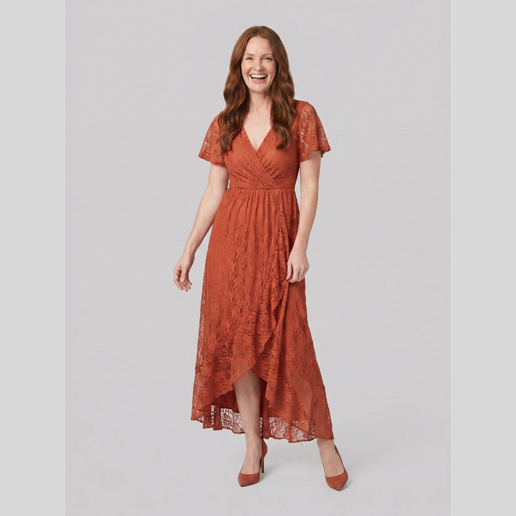 Sylva | Pleated Lace Ruffle Gown by Vera Noir – in burnt orange