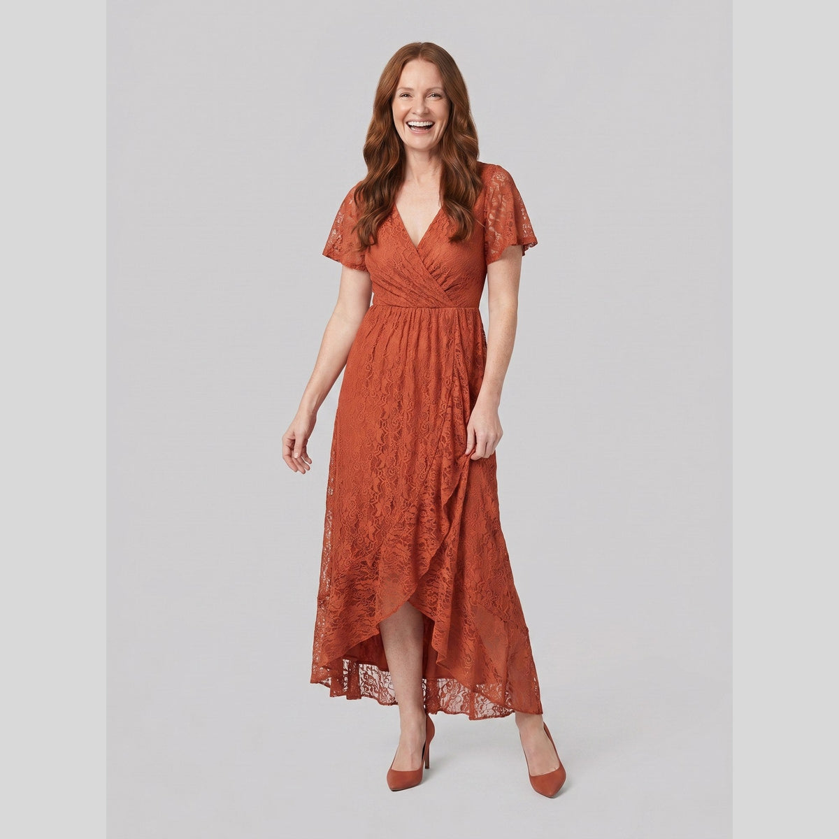 Sylva | Pleated Lace Ruffle Gown by Vera Noir – in burnt orange