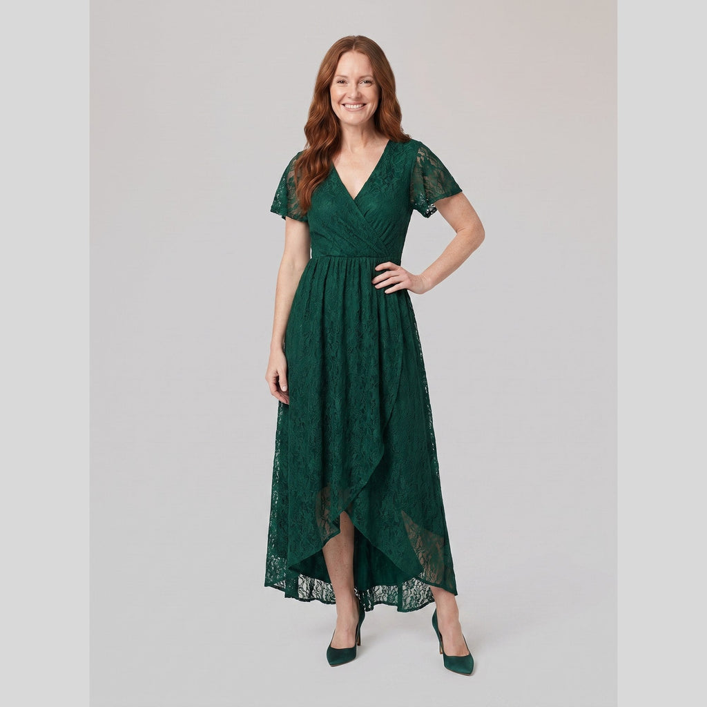 Sylva | Pleated Lace Ruffle Gown by Vera Noir – in dark green