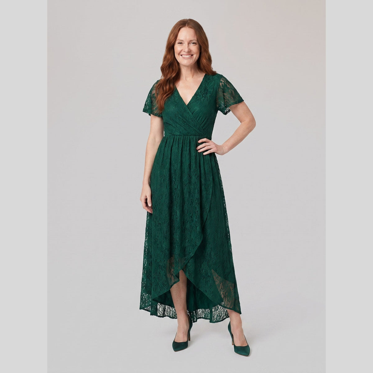 Sylva | Pleated Lace Ruffle Gown by Vera Noir – in dark green