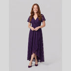 Sylva | Pleated Lace Ruffle Gown by Vera Noir – in dark purple