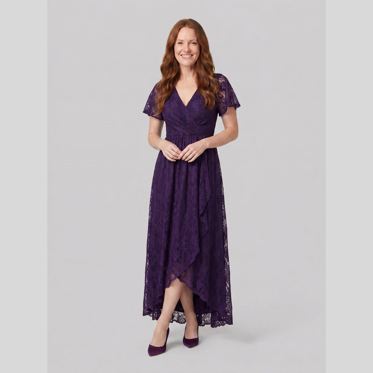 Sylva | Pleated Lace Ruffle Gown by Vera Noir – in dark purple
